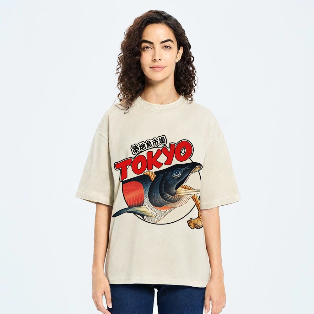 Unisex Tsukiji Fish Market Printed Washed Tee