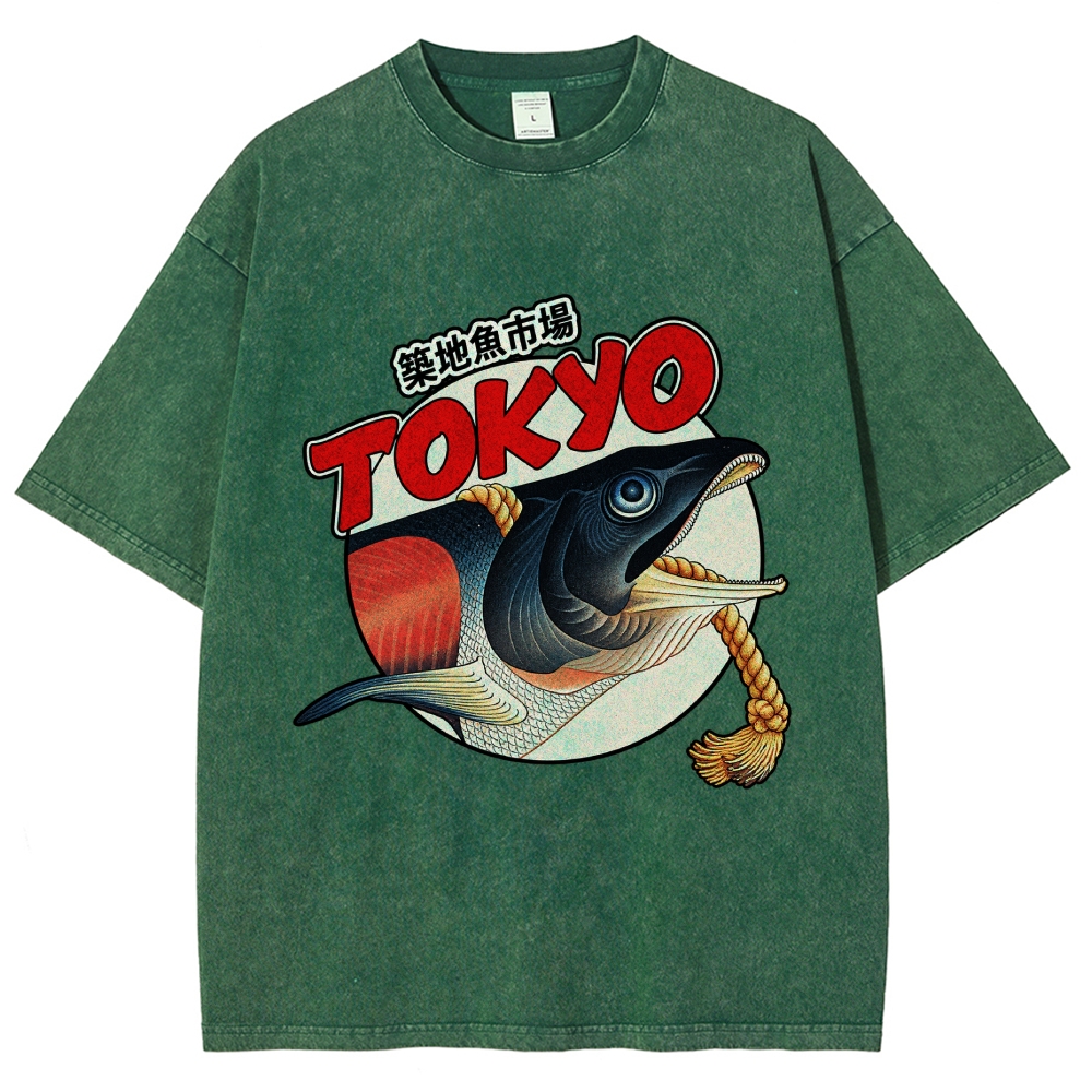 Unisex Tsukiji Fish Market Printed Washed Tee