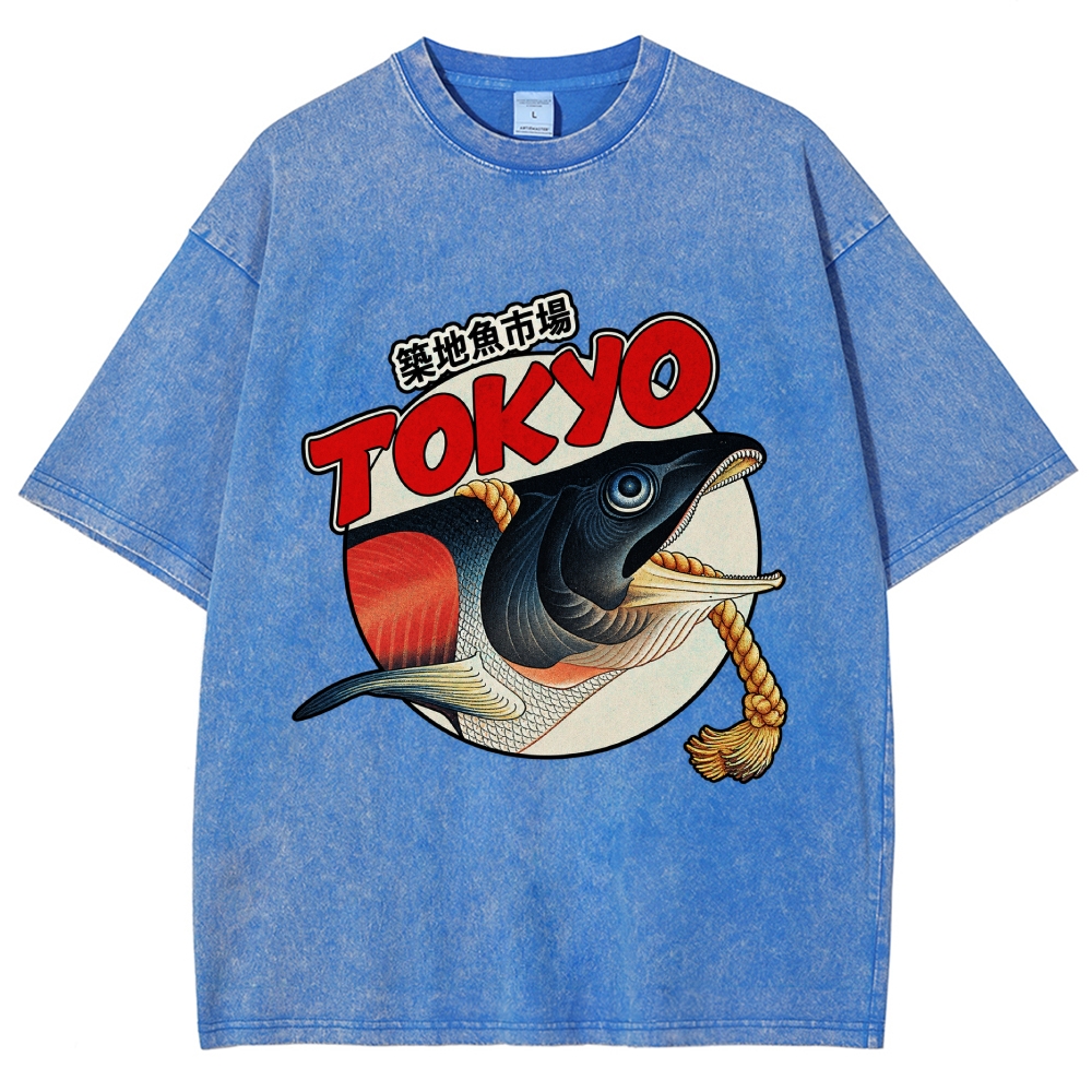 Unisex Tsukiji Fish Market Printed Washed Tee