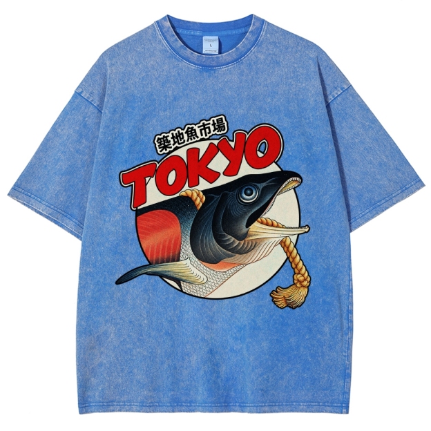 Unisex Tsukiji Fish Market Printed Washed Tee