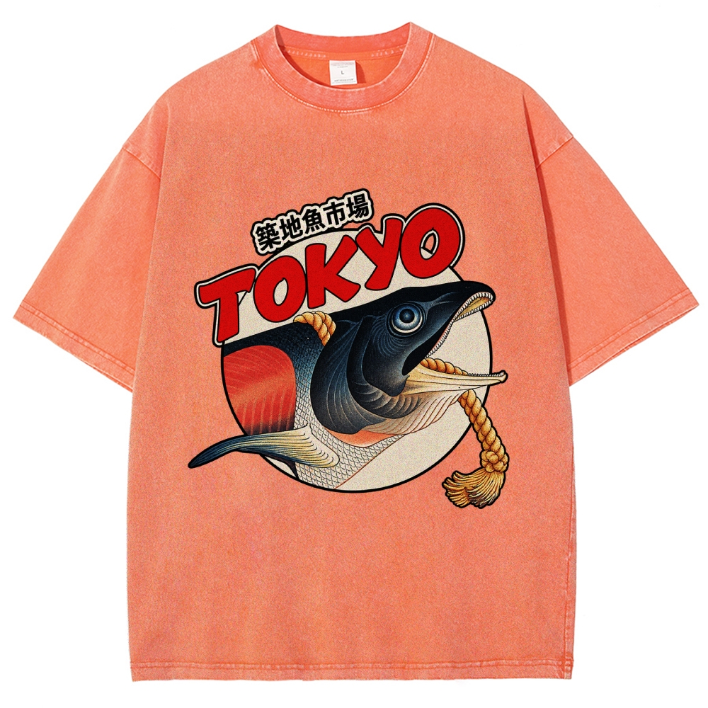 Unisex Tsukiji Fish Market Printed Washed Tee