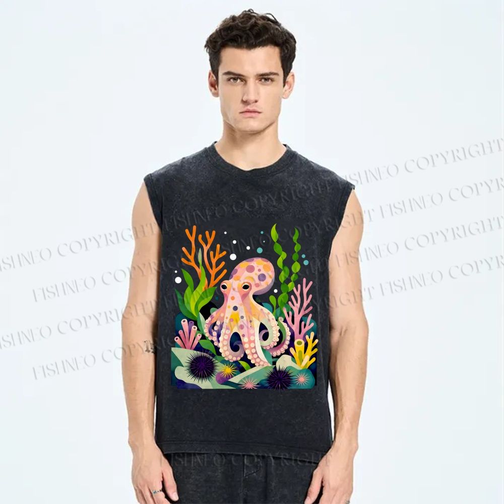 Unisex Octopus in Ocean Printed Washed Tank Top
