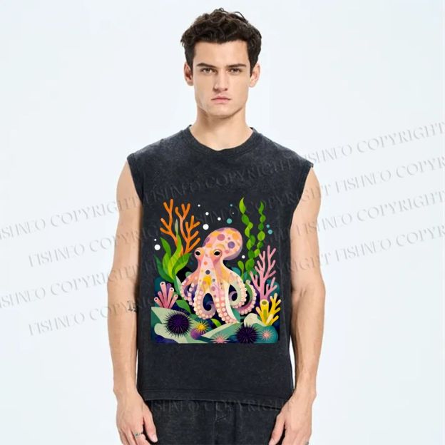 Unisex Octopus in Ocean Printed Washed Tank Top