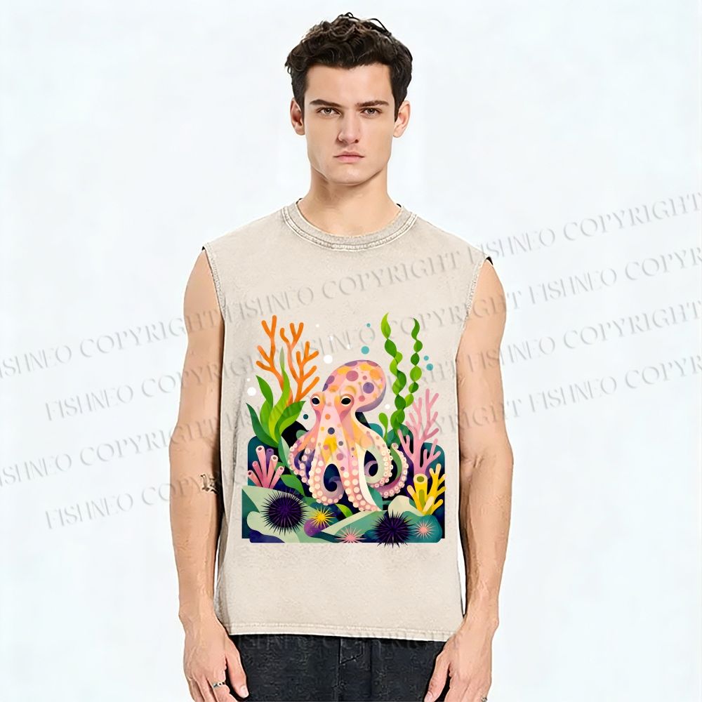 Unisex Octopus in Ocean Printed Washed Tank Top