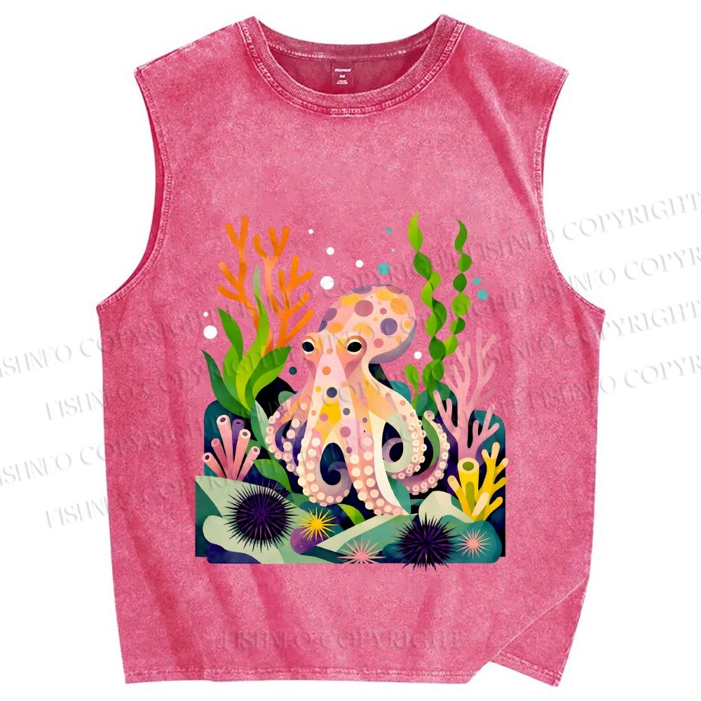 Unisex Octopus in Ocean Printed Washed Tank Top