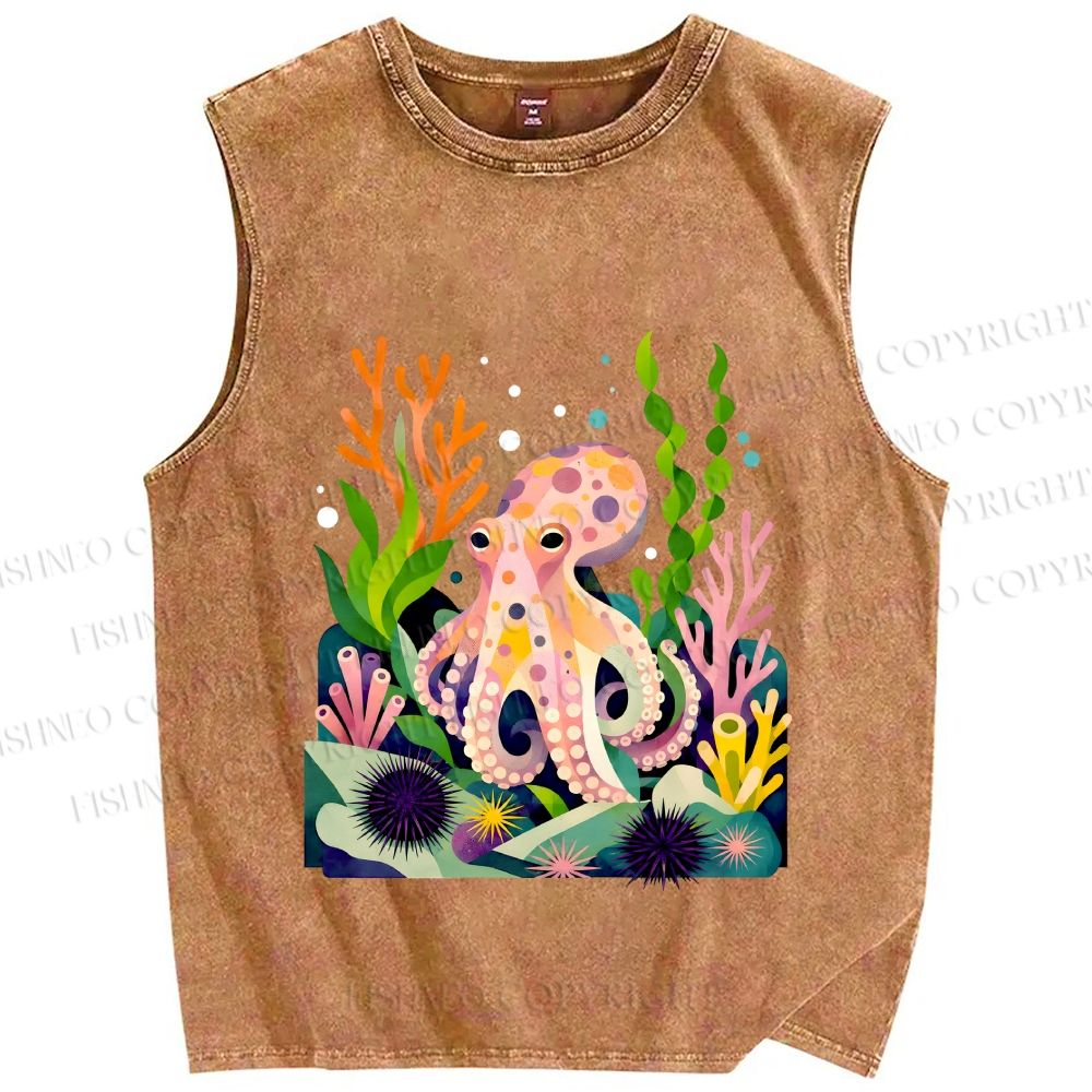 Unisex Octopus in Ocean Printed Washed Tank Top