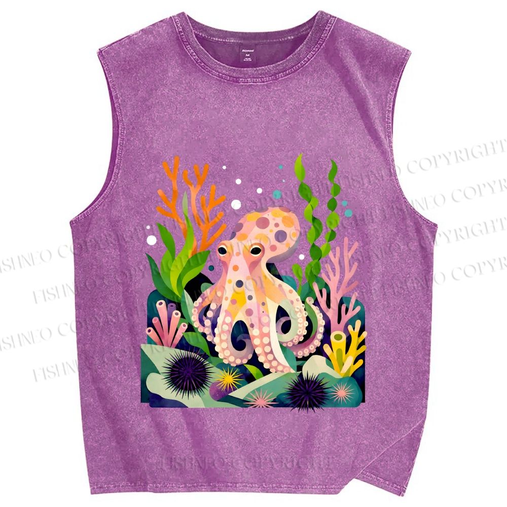 Unisex Octopus in Ocean Printed Washed Tank Top