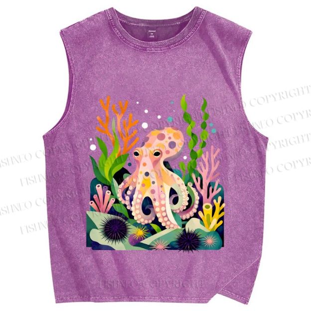 Unisex Octopus in Ocean Printed Washed Tank Top