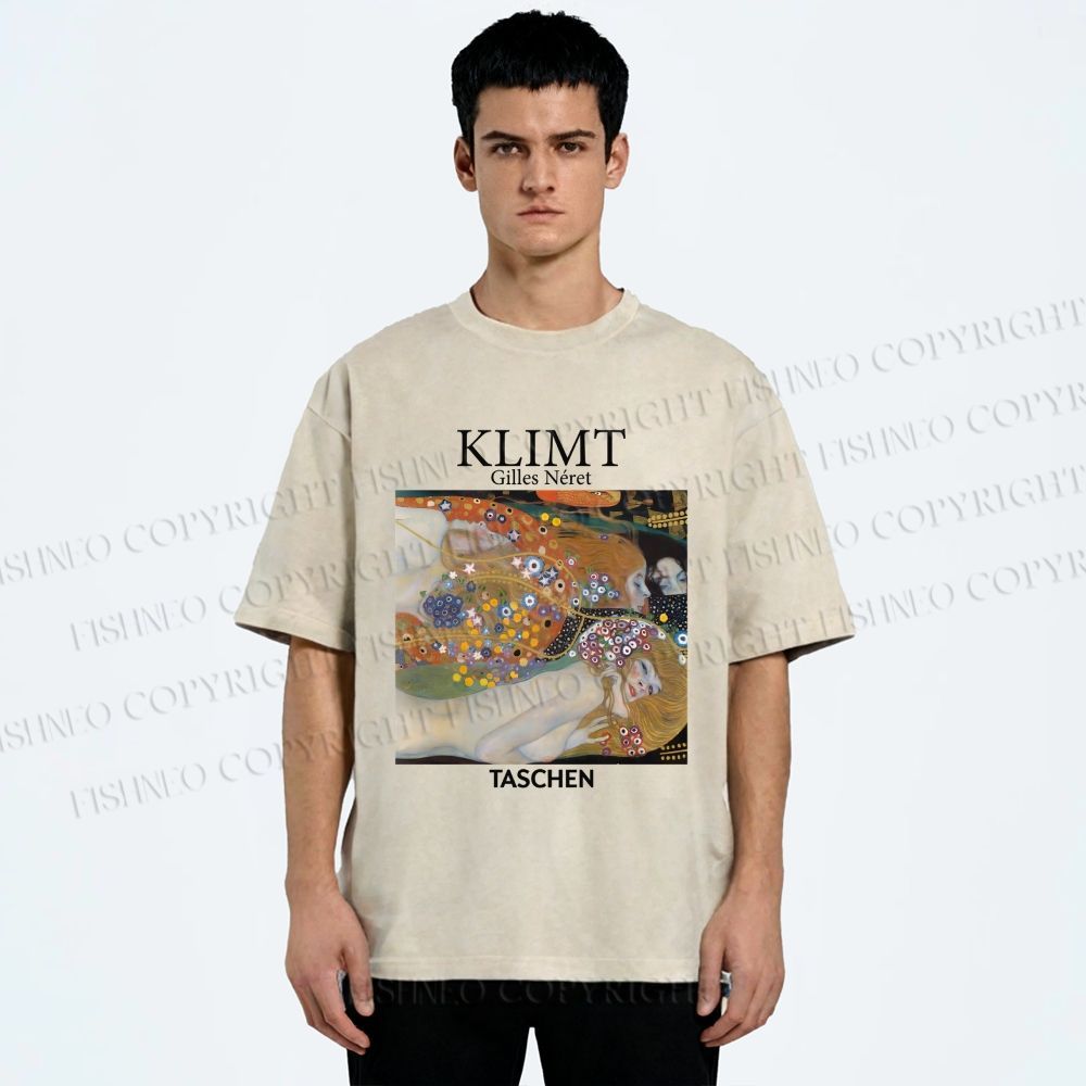 Unisex Klimt Water Serpents Printed Washed Tee