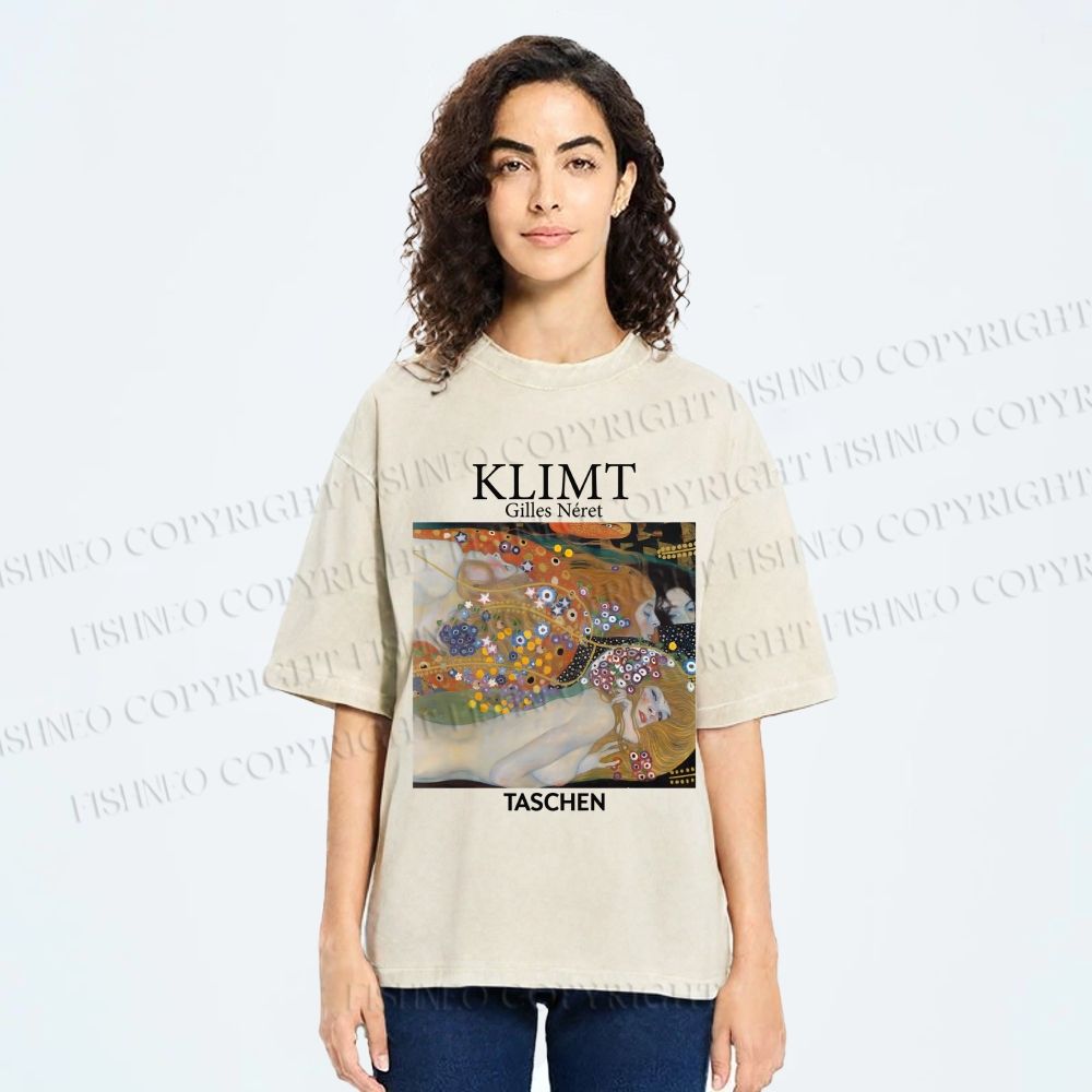 Unisex Klimt Water Serpents Printed Washed Tee