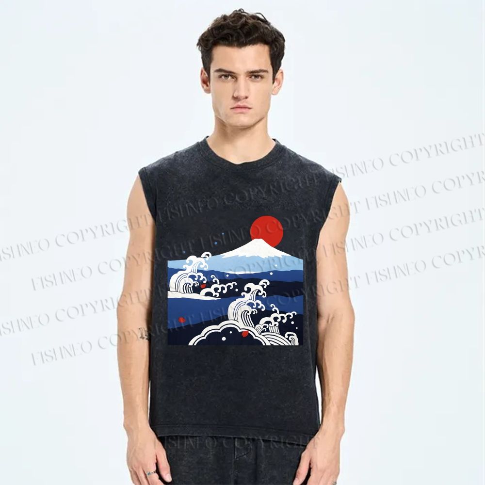Unisex Japanese Vintage Wave With Mt Fuji Printed Washed Tank Top