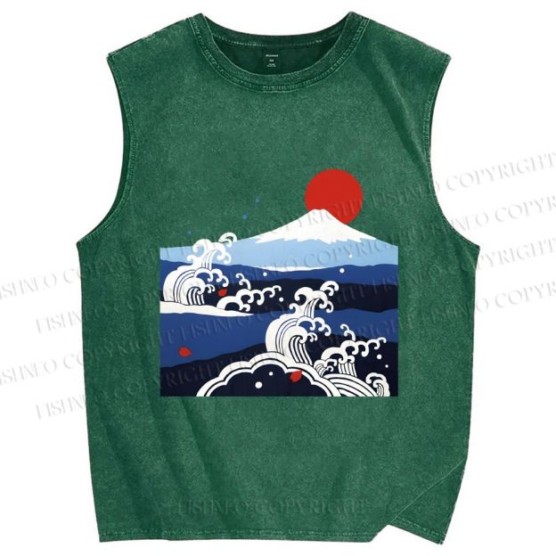 Unisex Japanese Vintage Wave With Mt Fuji Printed Washed Tank Top