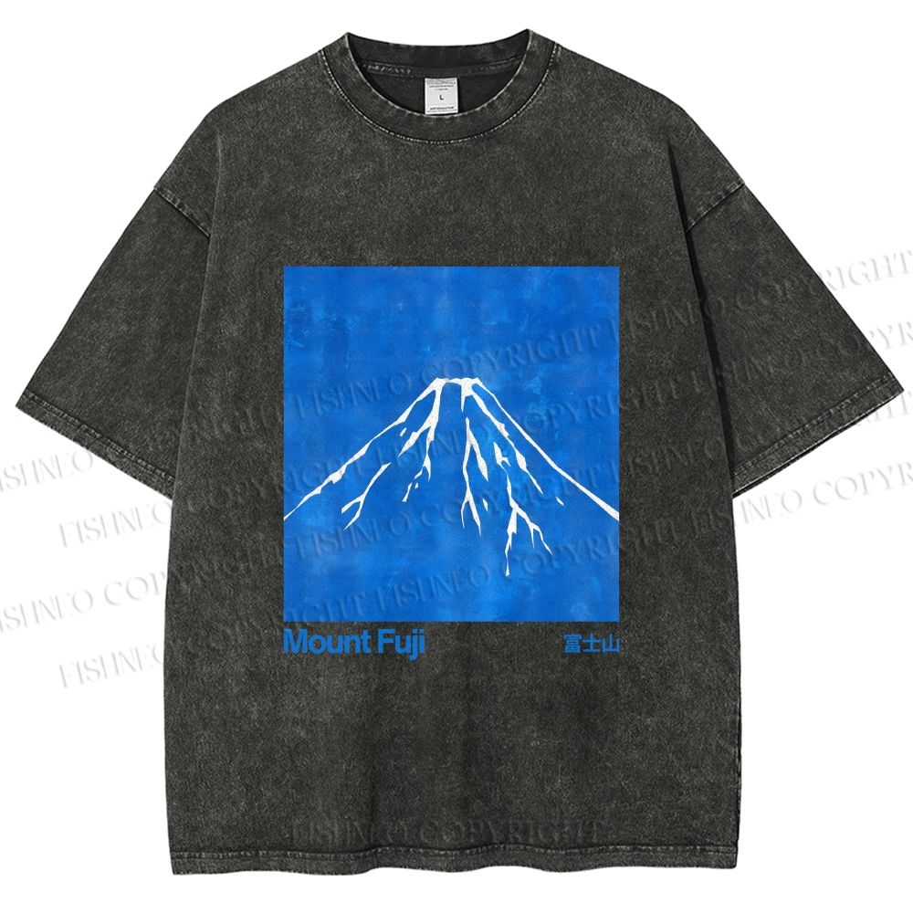 Unisex Blue Mt Fuji Printed Washed Tee