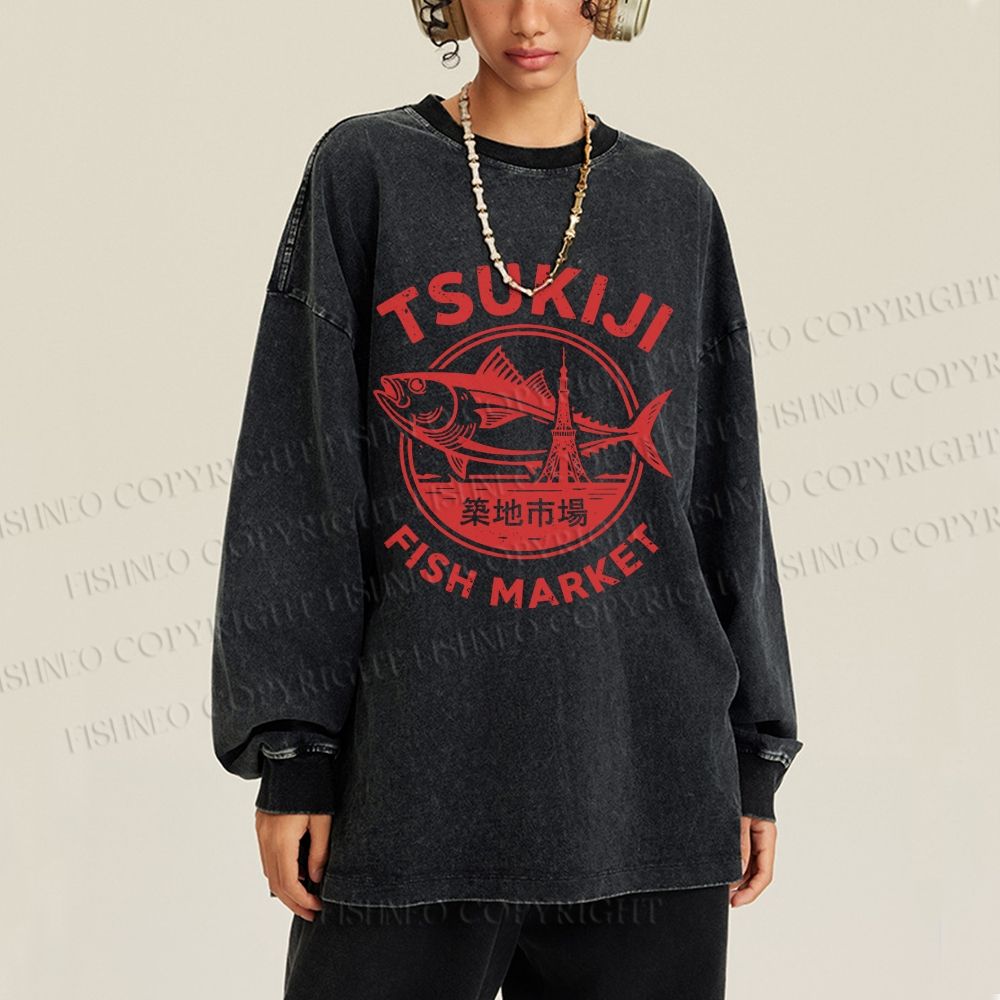 Unisex Casual Washed Tsukiji Fish Market Printed Long Sleeve T-shirt