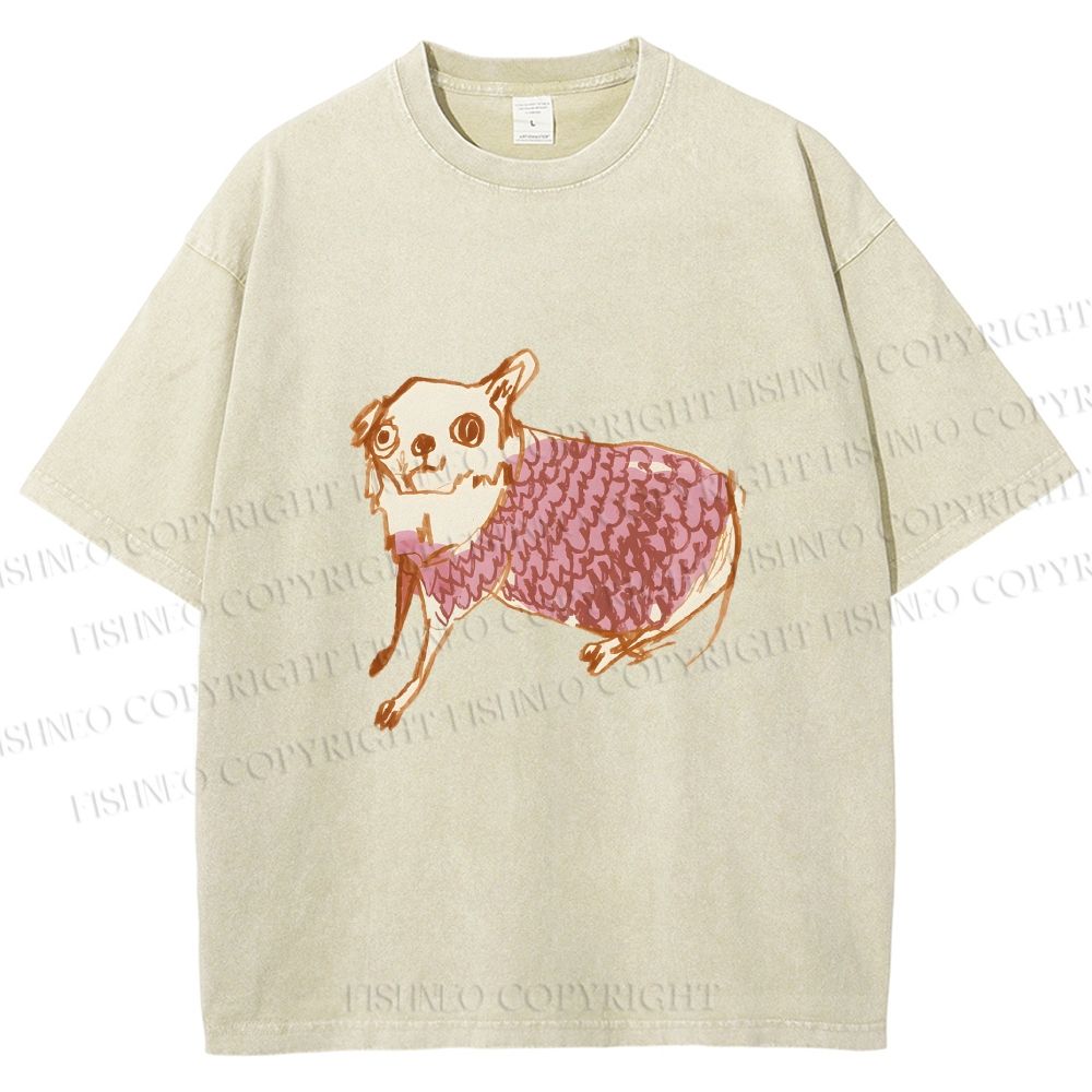 Unisex Sloppy hand-drawn Chihuahua Printed Washed Tee