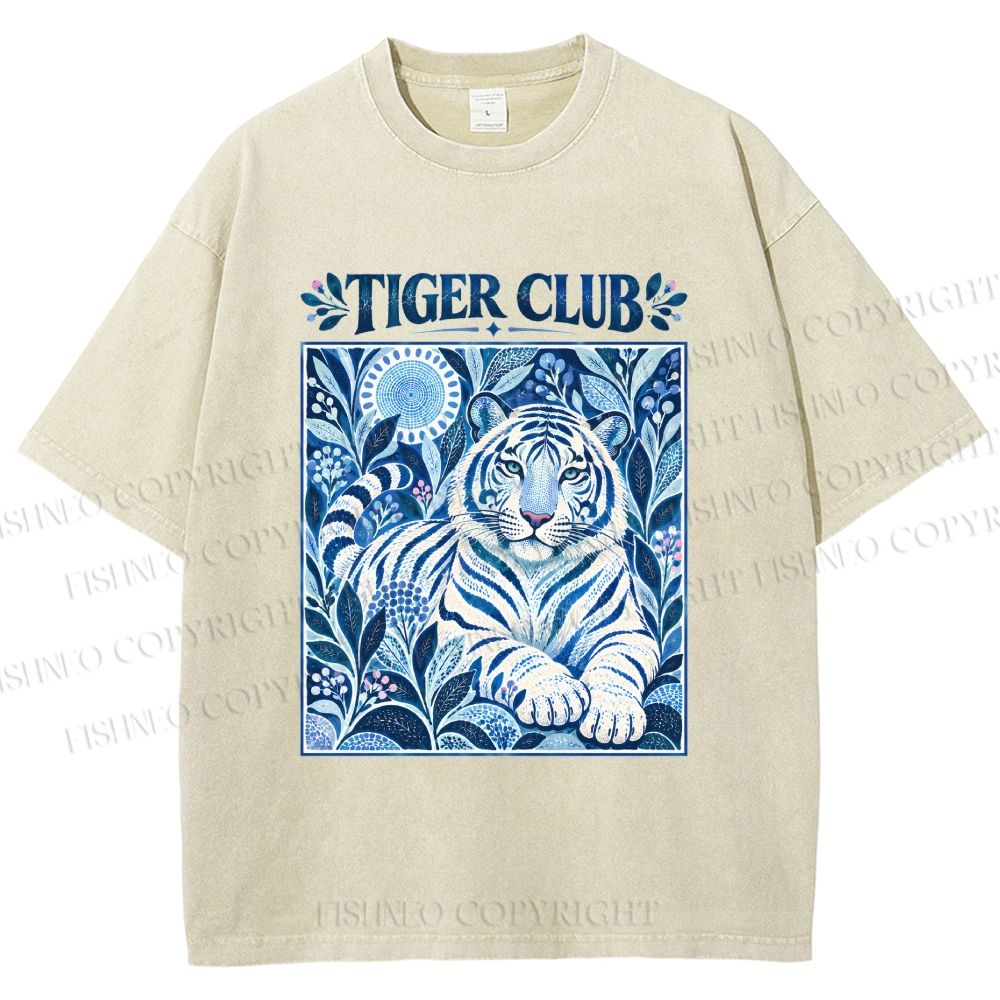 Unisex Tiger Club in Blue Printed Washed Tee