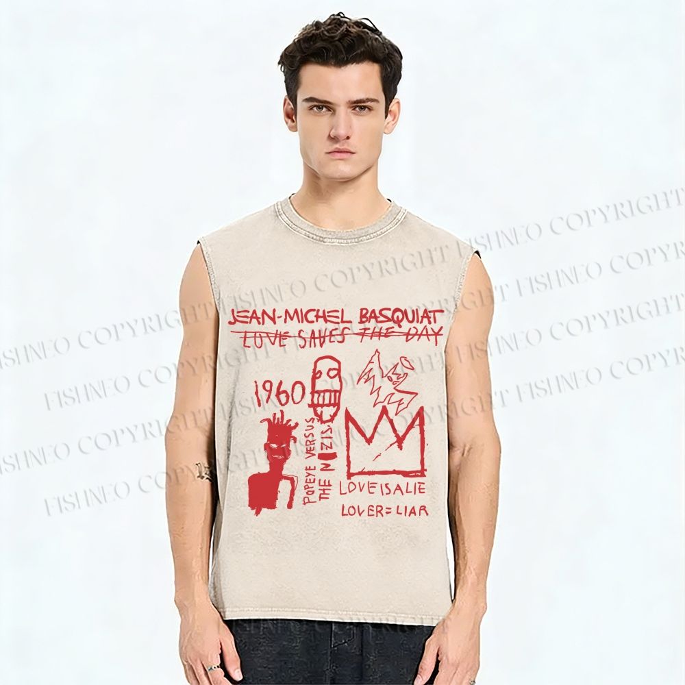 Unisex Jean-Michel Basquiat Graffiti Printed Washed Tank Top