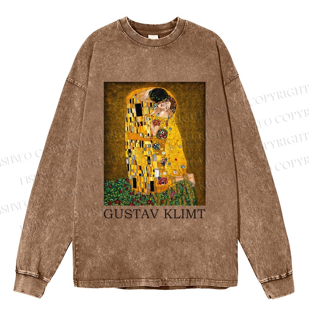 Unisex Klimt The Kiss Casual Washed Printed Long Sleeve T-shirt