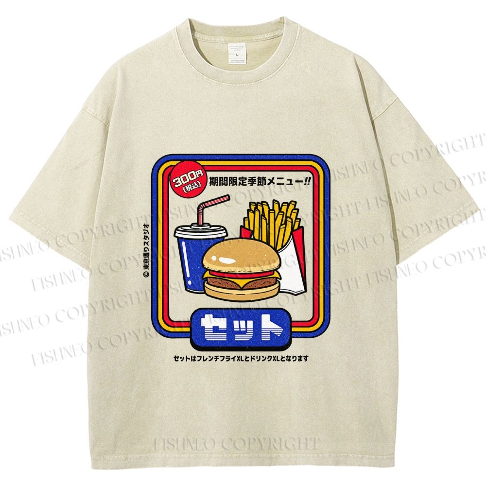 Unisex Japanese Burger Set Printed Washed Tee