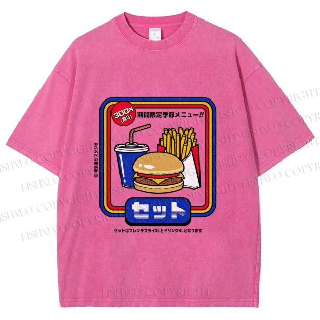 Unisex Japanese Burger Set Printed Washed Tee
