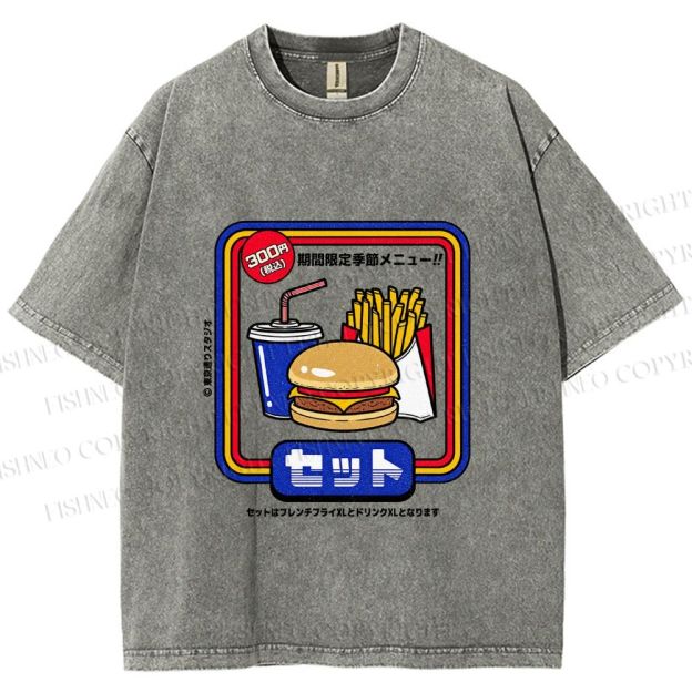 Unisex Japanese Burger Set Printed Washed Tee