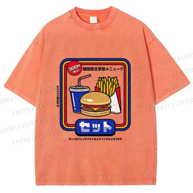 Unisex Japanese Burger Set Printed Washed Tee