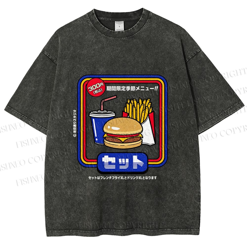 Unisex Japanese Burger Set Printed Washed Tee