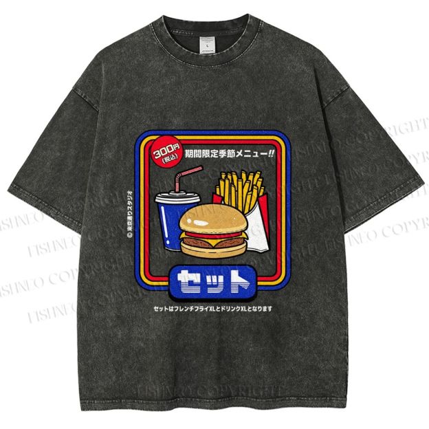 Unisex Japanese Burger Set Printed Washed Tee