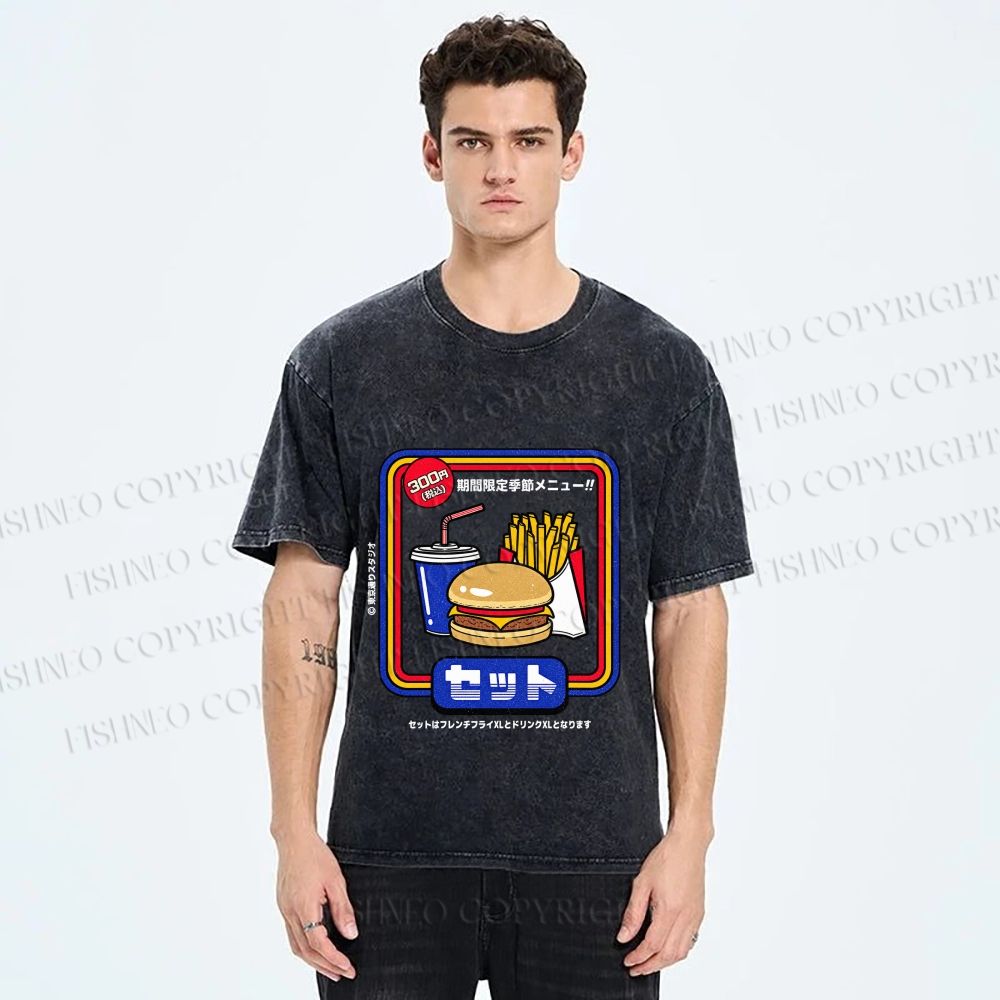 Unisex Japanese Burger Set Printed Washed Tee