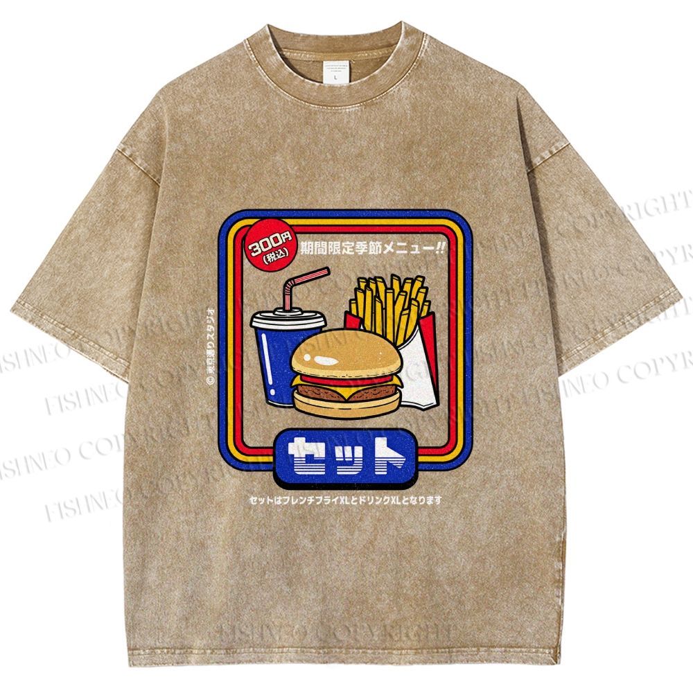 Unisex Japanese Burger Set Printed Washed Tee