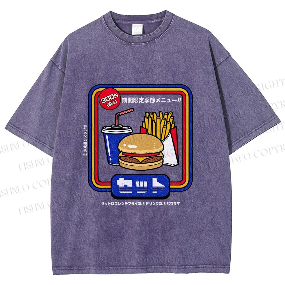 Unisex Japanese Burger Set Printed Washed Tee