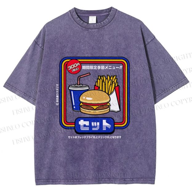 Unisex Japanese Burger Set Printed Washed Tee