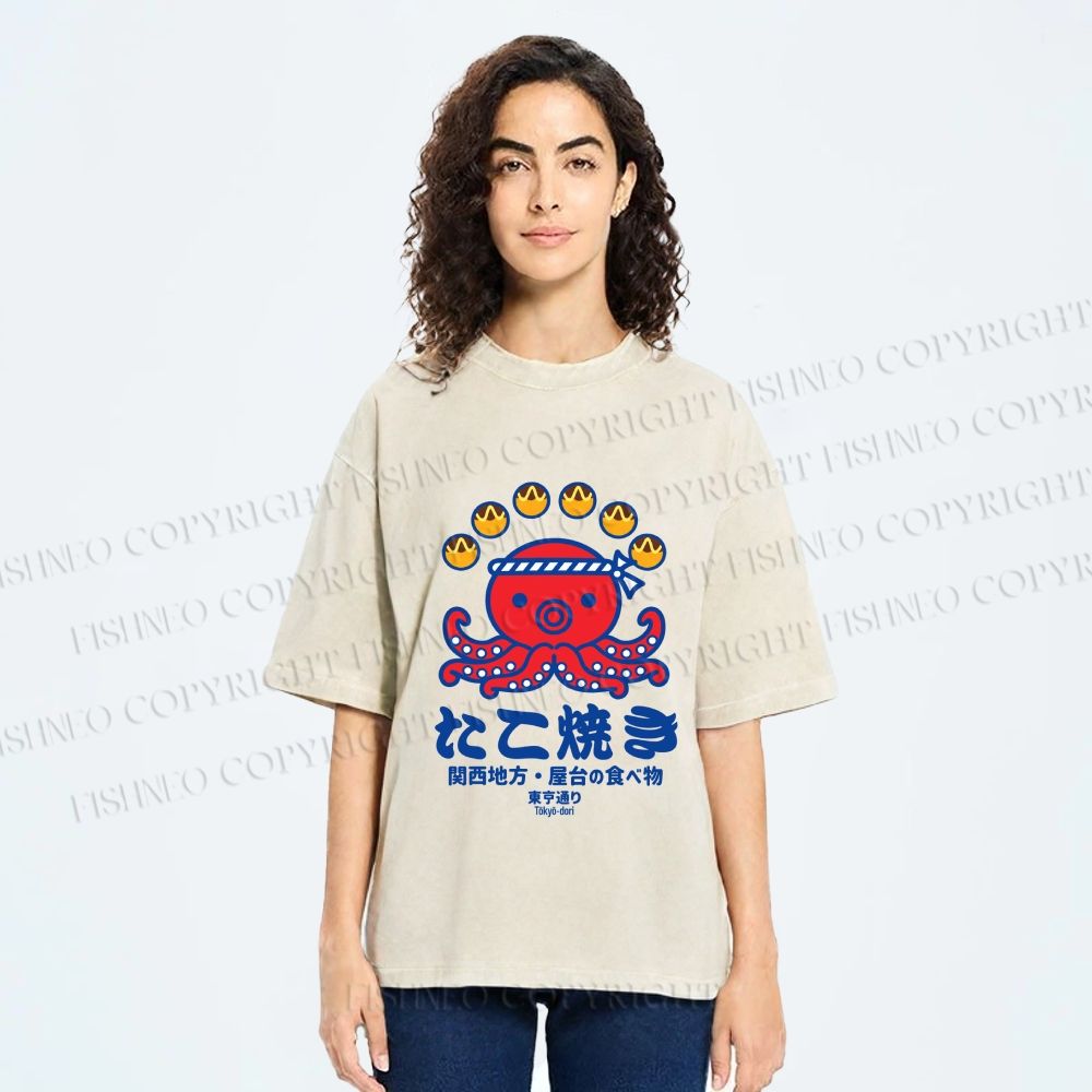 Unisex Takoyaki Street Food Printed Washed Tee