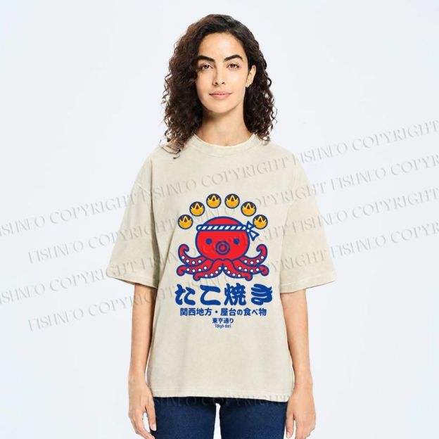 Unisex Takoyaki Street Food Printed Washed Tee