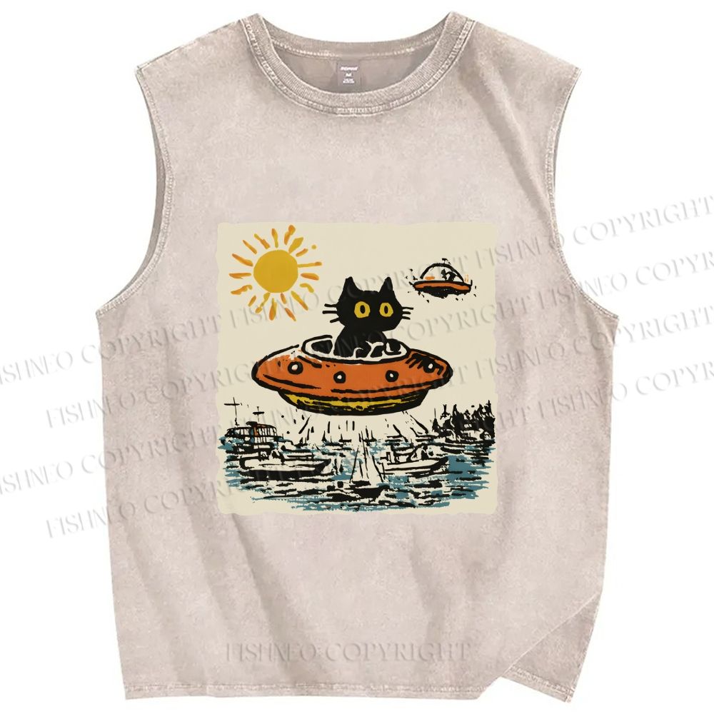 Unisex Black ET Cat in UFO Printed Washed Tank Top