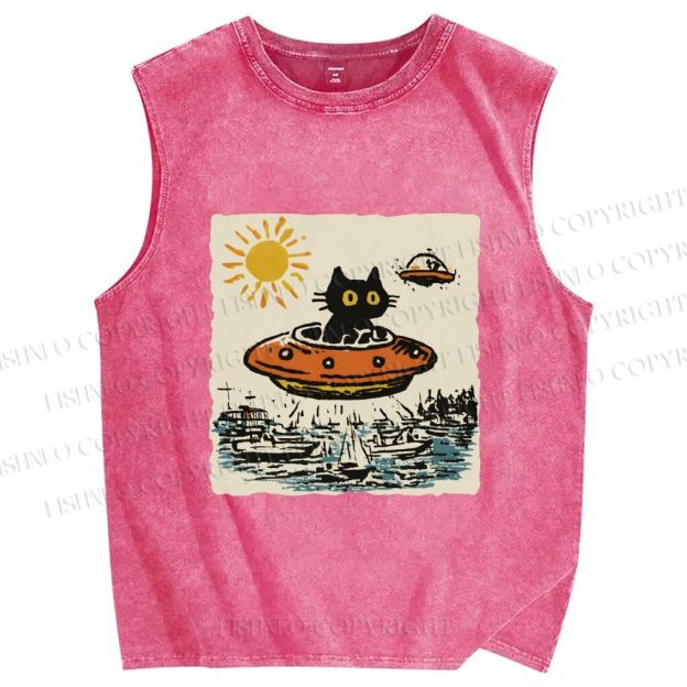 Unisex Black ET Cat in UFO Printed Washed Tank Top