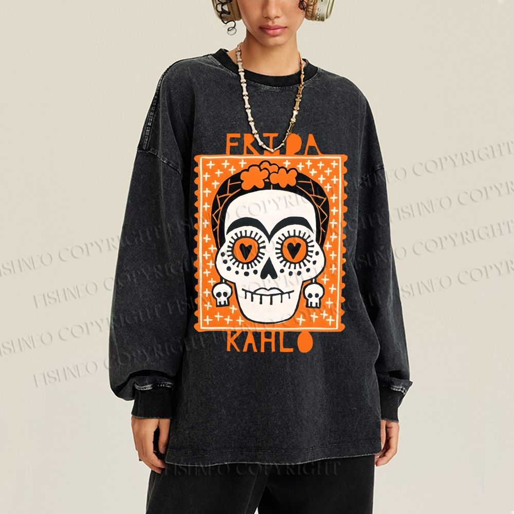 Unisex Halloween Skull Casual Washed Printed Long Sleeve T-shirt