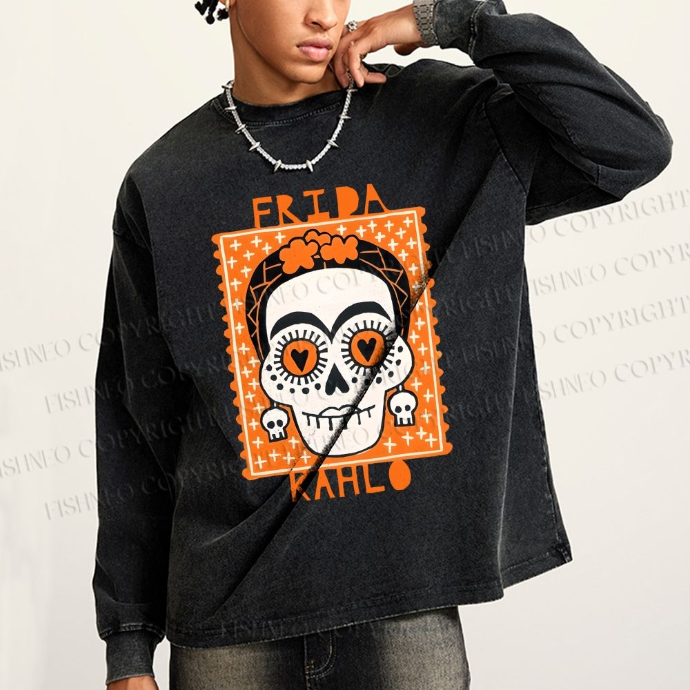Unisex Halloween Skull Casual Washed Printed Long Sleeve T-shirt