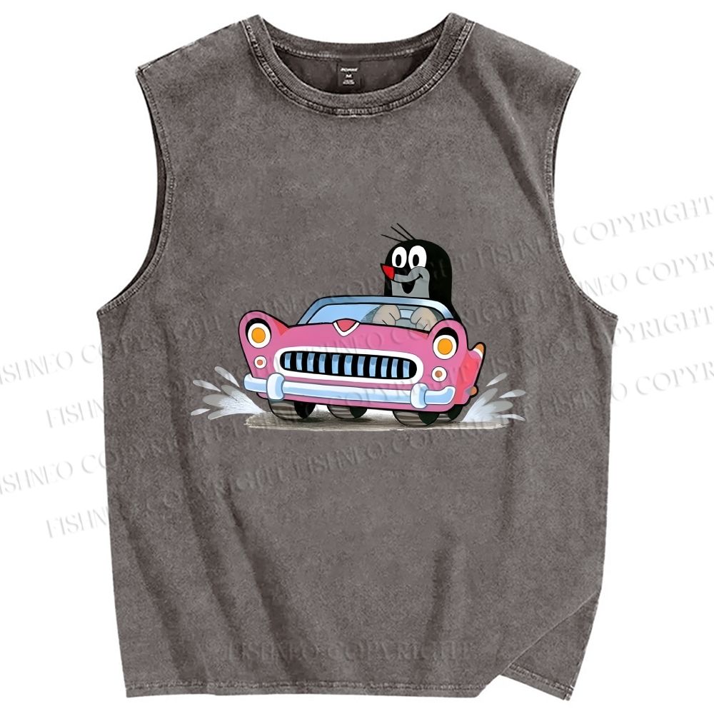 Unisex The Little Mole Driving Printed Washed Tank Top