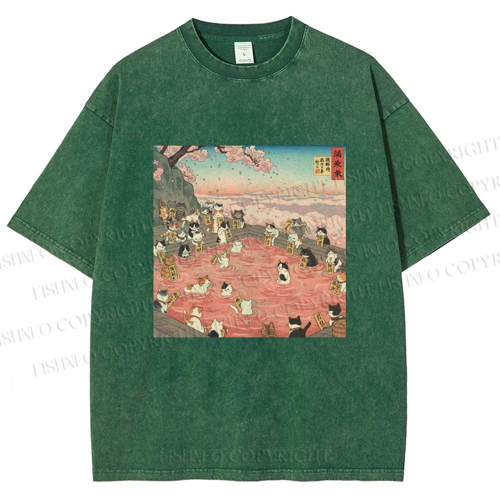 Unisex Ukiyo-e Eight Cats In Spring Printed Washed Tee