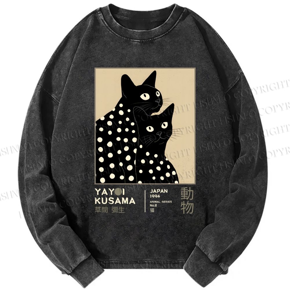 Unisex Casual Washed Yayoi Kusama Black Cat Printed Long Sleeve T-shirt