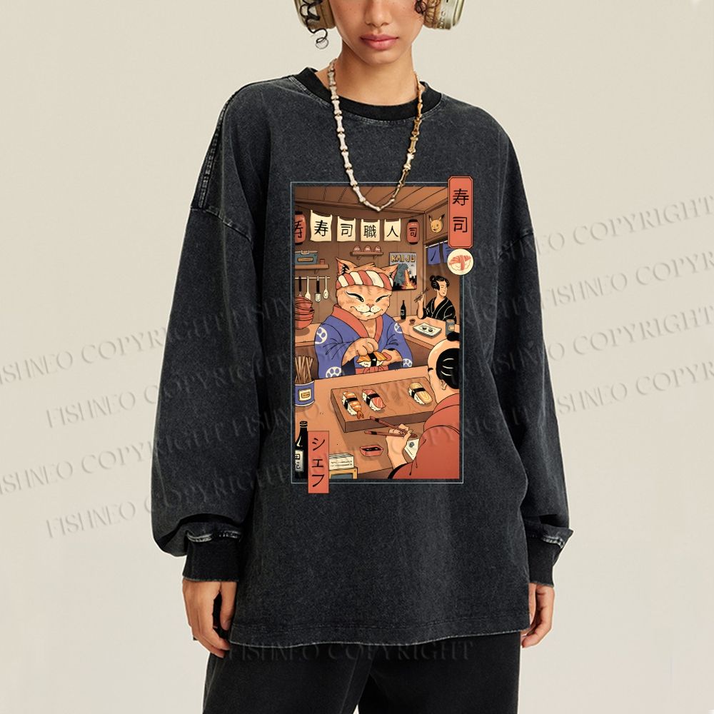 Unisex Casual Washed Sushi Meowster Printed Long Sleeve T-shirt