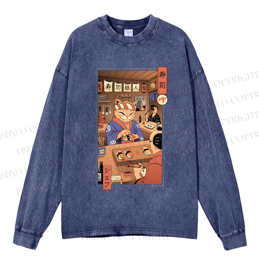 Unisex Casual Washed Sushi Meowster Printed Long Sleeve T-shirt