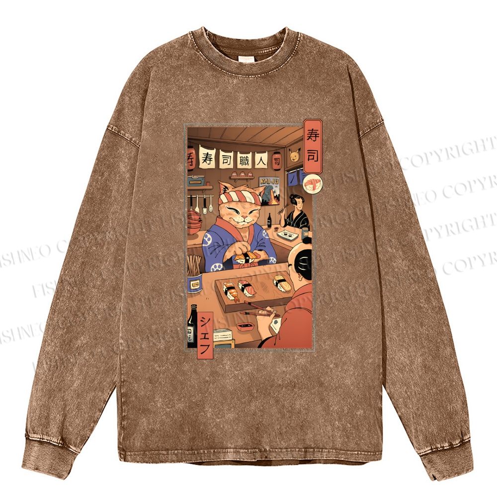 Unisex Casual Washed Sushi Meowster Printed Long Sleeve T-shirt
