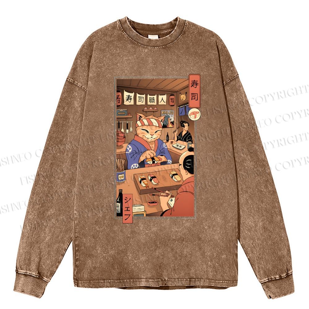Unisex Casual Washed Sushi Meowster Printed Long Sleeve T-shirt