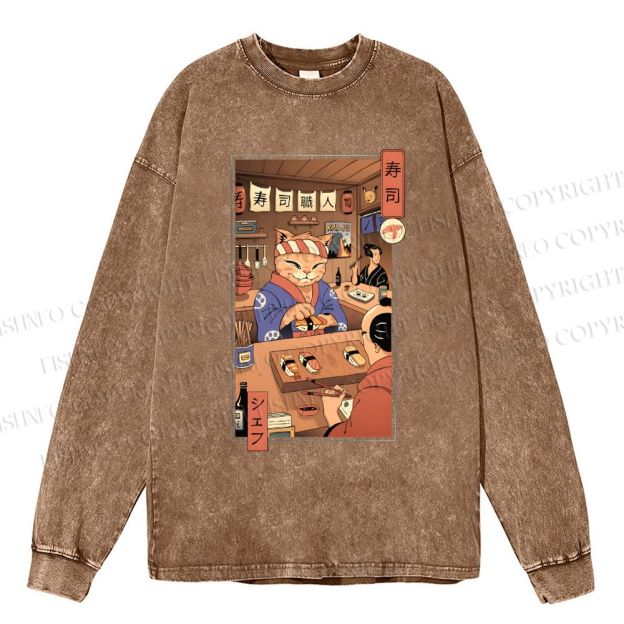 Unisex Casual Washed Sushi Meowster Printed Long Sleeve T-shirt