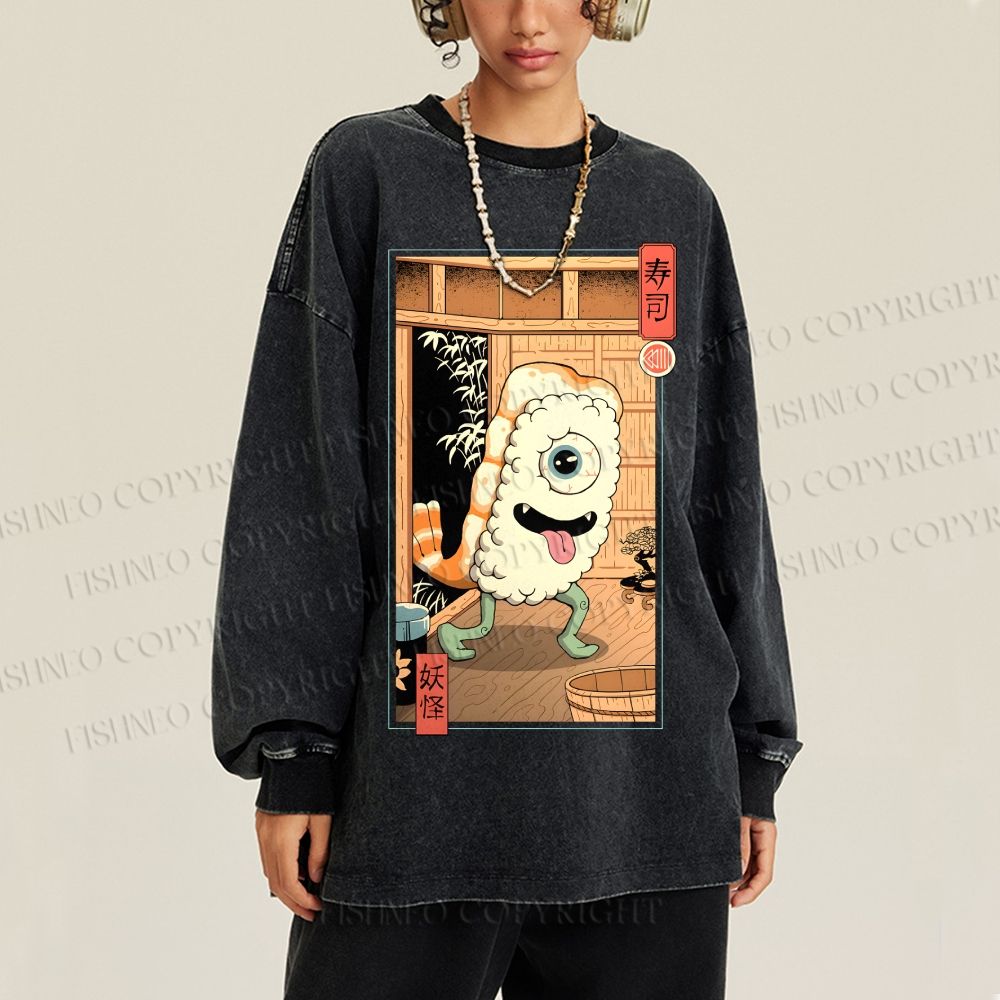 Unisex Casual Washed Yokai Sushi In Edo Printed Long Sleeve T-shirt