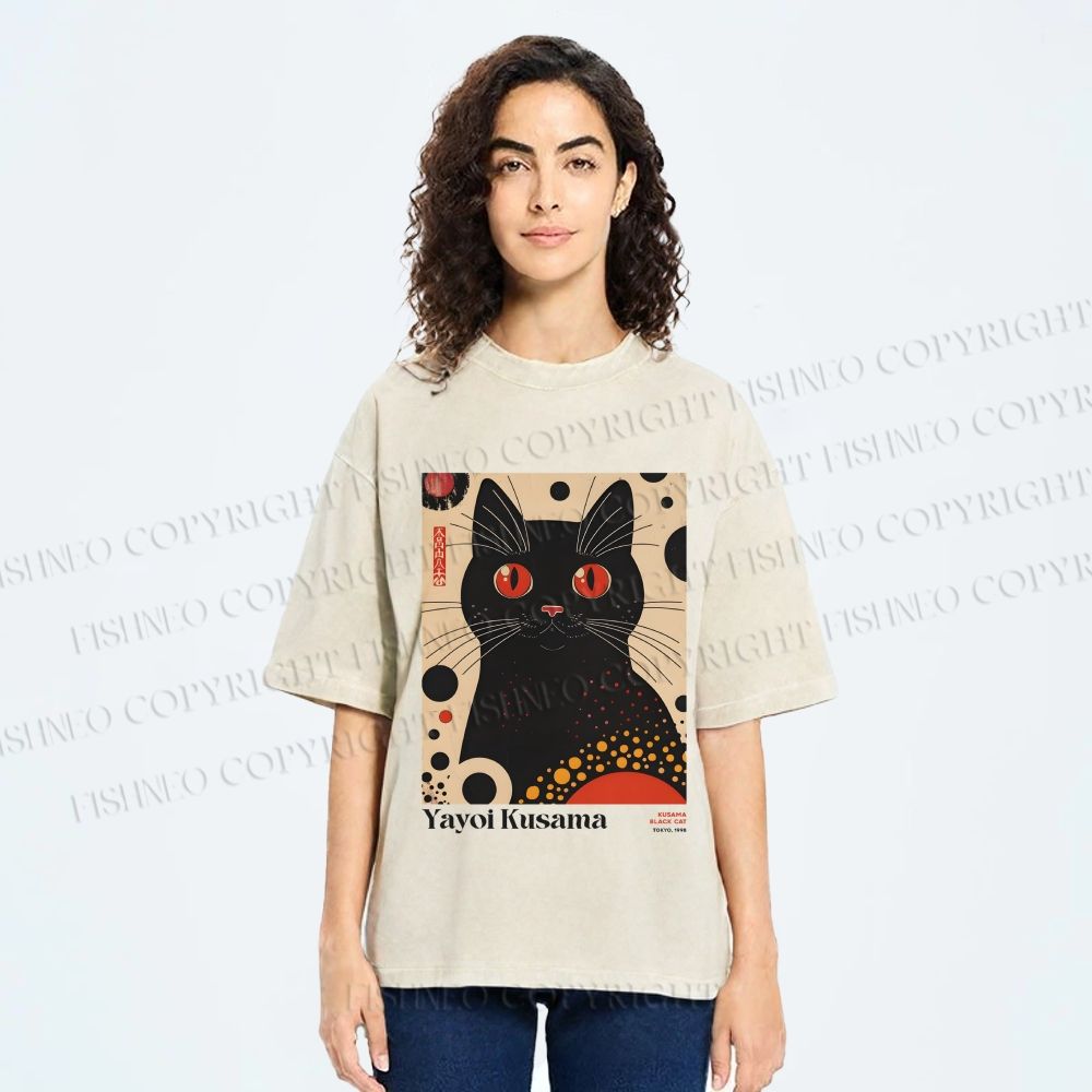 Unisex Yayoi Kusama Black Cat Printed Washed Tee