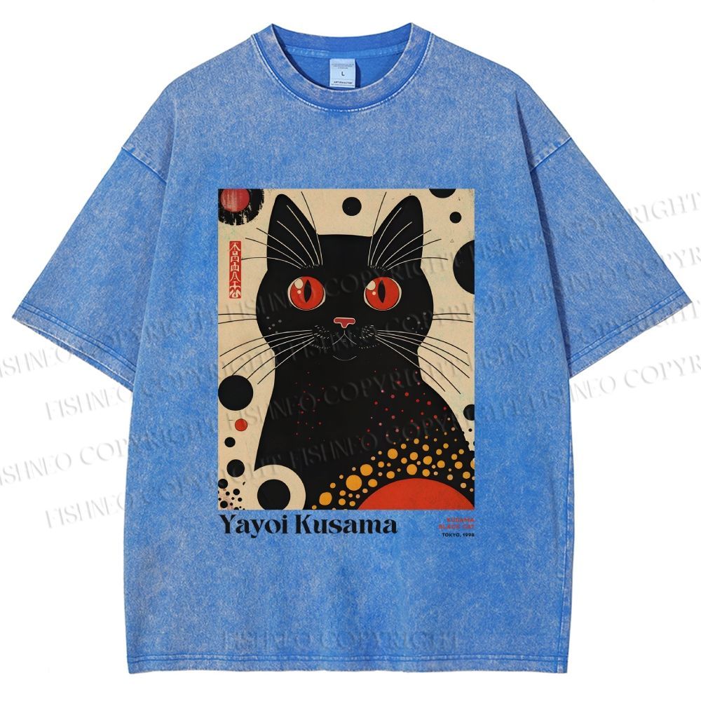 Unisex Yayoi Kusama Black Cat Printed Washed Tee