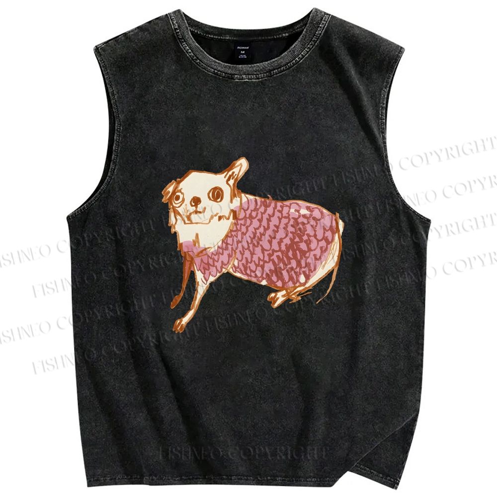 Unisex Sloppy hand-drawn Chihuahua Printed Washed Tank Top